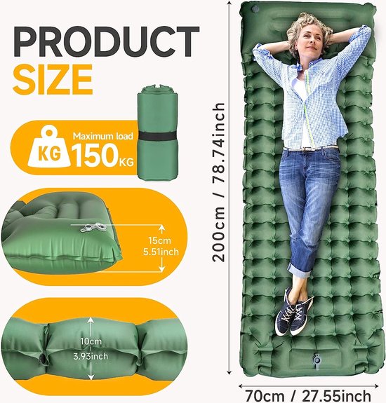 Camping isomat, 10 cm dik, opblaasbaar luchtmatras, camping, isomat voor gebouwen, ultra licht, volledig resistent, waterdicht en antislip (groot) van Camp — afbeelding 2