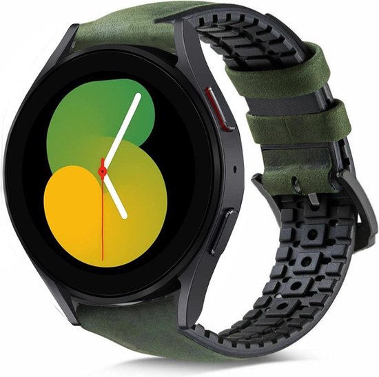 Strap-it Samsung Galaxy Watch 5 - Bracelet silicone / cuir 40mm (vert) - Bracelet silicone Galaxy Watch 5 40 mm - Incl. protection d'écran protecteur d'écran - Protecteur d'étui de protection d'étui - Étui rigide transparent à couverture complète