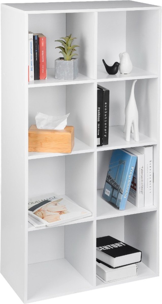 Happyment Boekenkast OPEN - 8 Vakken - Wit - Boekenkast - Boekenrek - Woonkamer, slaapkamer en kinderkamer - Hout - 60 x 29.5 x 121 CM