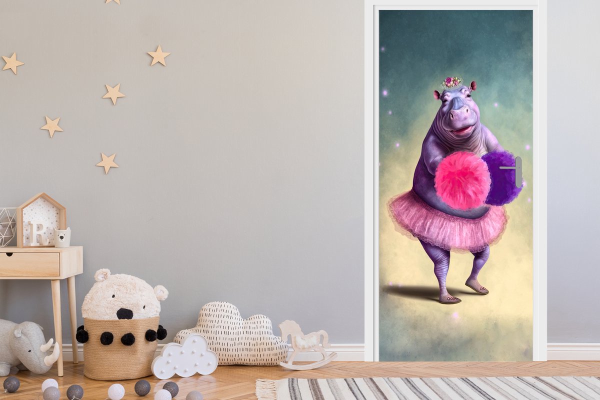Deurposter 90x205 cm - Deursticker Nijlpaard - Bloemen - Ballerina - Pompons - Portret - K