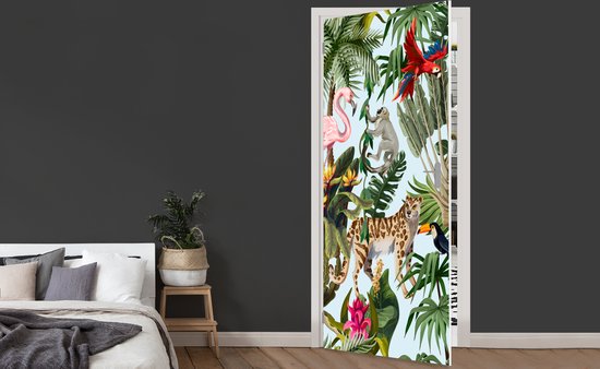 Sticker de porte Jungle - Animaux - Filles - Enfants - Garçons - Flamingo - Perroquet - 80x205 cm - Poster de porte