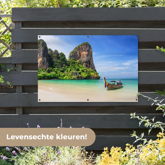 Tuinposter strand - Tuindecoratie boot - 120x80 cm - Poster voor in de tuin - Buiten decoratie - Schutting tuinschilderij Thailand - Tuindoek muurdecoratie - Wanddecoratie balkondoek