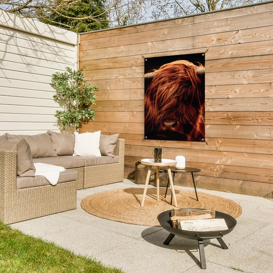 Tableau de jardin Scottish Highlander - Vache - Cornes - Portrait - Animaux - 60x80 cm - Affiche jardin - Toile jardin - Affiche extérieur