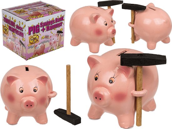 Out of the Blue Spaarvarken - Roze keramiek spaarpot met hamer - 15 cm