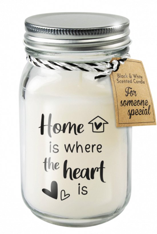 Kaars - Home is where the heart is - Lichte vanille geur - In glazen pot - In cadeauverpakking met gekleurd lint