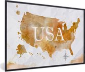 Fotolijst incl. Poster - Verenigde Staten - Wereldkaart - Olieverf - 90x60 cm - Posterlijst