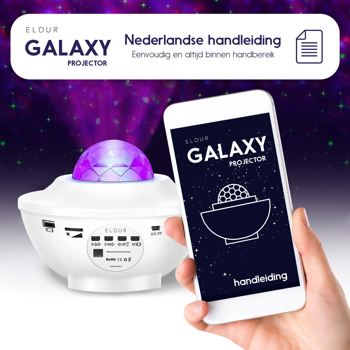 Eldur® Originele Sterren Projector - Wit - Galaxy projector - Sterrenhemel - Bluetooth met Muziek – foto 3