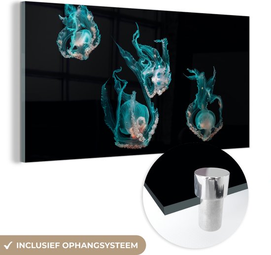 MuchoWow® Glasschilderij 80x40 cm - Schilderij acrylglas - Kwal - Zeedieren - Zwart - Foto op glas - Schilderijen