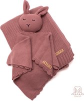 Snufie kadoset konijn knuffel en wiegdeken | 100% katoen | Premium babydeken | extra zacht 100x80cm | Basic Knit | Bruin Light Coffee
