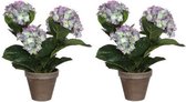 2x Groene Hortensia met paarse bloemen kunstplanten 40 cm in pot - Kunstplanten/nepplanten