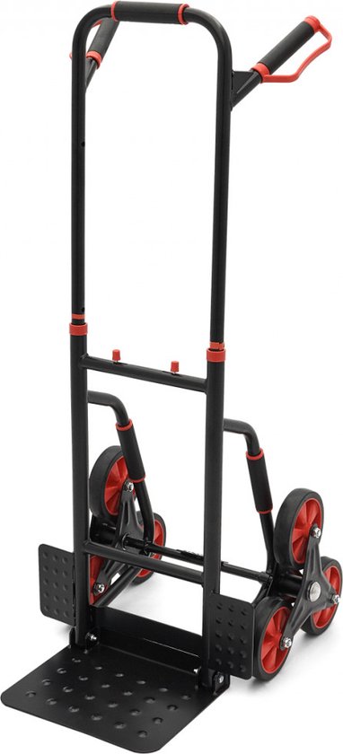 Zwarte steekwagen met rode wielen en trapklimmechanisme, op een witte achtergrond.