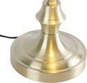 Le pied rond et doré d'une lampe de bureau avec abat-jour blanc.