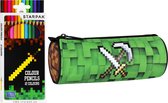 Pixel Game - Un ensemble de fournitures scolaires pour garçons : trousse + crayons de couleur