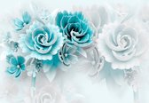 Papier peint photo - Papier peint intissé - Roses turquoise et Fleurs en céramique - Art - 416 x 290 cm