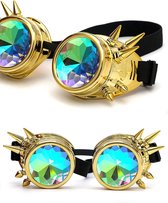 KIMU Goggles Steampunk Bril Met Spikes - Goud Montuur - Caleidoscoop Glazen - Gouden Spacebril Space Caleidoscope Holografisch Festival