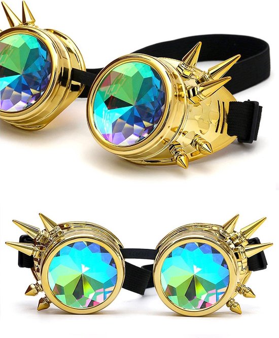 KIMU Goggles Steampunk Bril Met Spikes - Goud Montuur - Caleidoscoop Glazen - Gouden Spacebril Space Caleidoscope Holografisch Festival