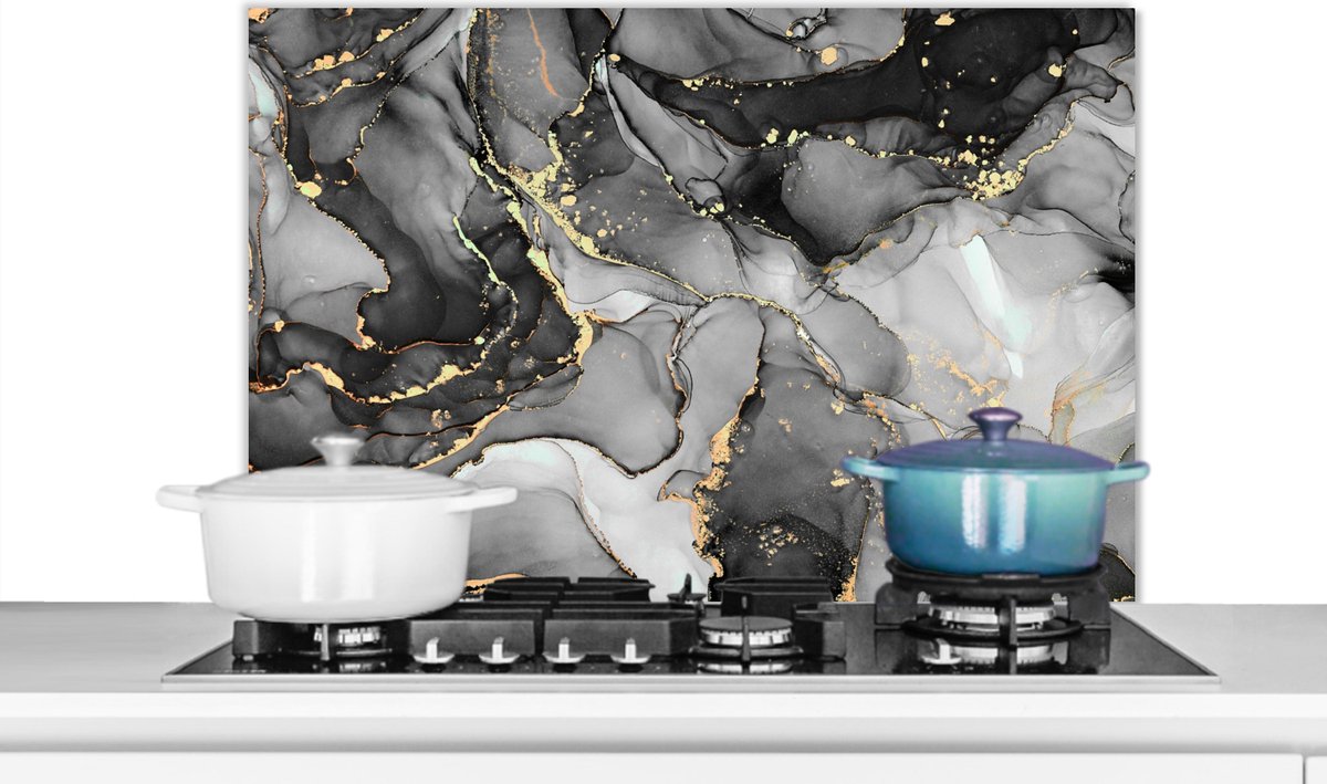 Spatscherm - Luxe - Marmer print - Grijs - Goud - Keuken - Achterwand keuken - Spatwand - 80x55 cm