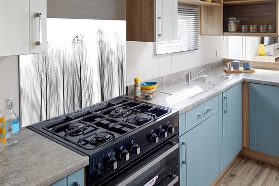 Spatscherm keuken 80x55 cm - Kookplaat achterwand Bomen - Zwart wit - Vogels - Natuur - Muurbeschermer - Spatwand fornuis - Hoogwaardig aluminium
