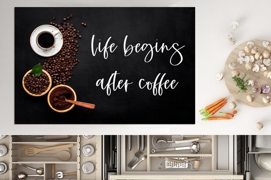 KitchenYeah® Inductie beschermer 80x52 cm - Quotes - Spreuken - Life begins after coffee - Koffie - Kookplaataccessoires - Afdekplaat voor kookplaat - Inductiebeschermer - Inductiemat - Inductieplaat mat