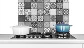 Spatscherm keuken 60x40 cm - Kookplaat achterwand Retro - Tegels - Zwart wit - Bloemen - Muurbeschermer - Spatwand fornuis - Hoogwaardig aluminium