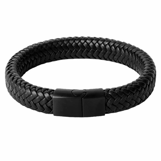 Fako Bijoux® - Armband Leer - Gevlochten - Vlecht - Layer Armband - Magnetische Sluiting - 20.5cm - Zwart