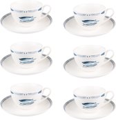 HAES DECO - Tasse et Soucoupe set de 6 - contenance 250 ml - coloris Wit / Blauw - Porcelaine Imprimée avec Pêche - Service à thé, Service à café, Tasses à thé, Tasses à café, Cappuccino