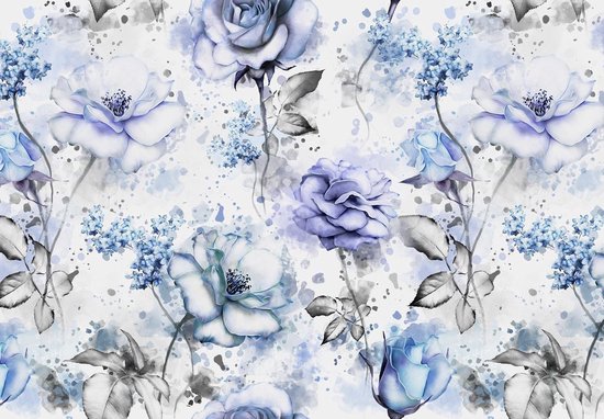 Fotobehang - Vlies Behang - Aqaurel Blauwe Bloemen - Bloemetjes - Rozen - 368 x 280 cm