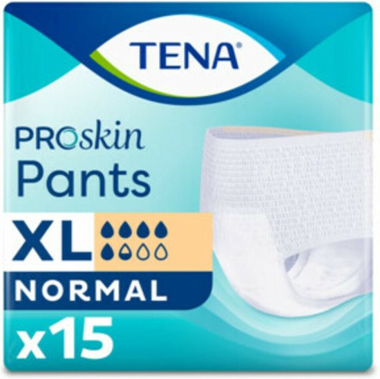 Verpakking TENA ProSkin Pants, maat XL. Bevat 15 stuks. De broekjes zijn wit met elastische boorden.
