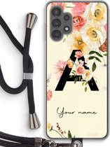 Gepersonaliseerd - Case Company® - Hoesje met koord geschikt voor Samsung Galaxy A13 4G hoesje met Koord - Flirty Flowers Monogram - Telefoonhoesje met Zwart Koord - Bescherming aan alle Kanten en Over de Schermrand