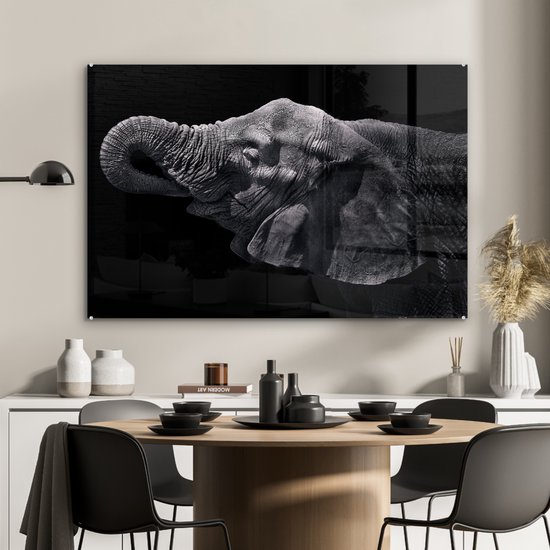MuchoWow® Peinture sur verre - Éléphant - Animaux - Zwart - Nature - 90x60 cm - Peintures sur verre acrylique - Photo sur Glas