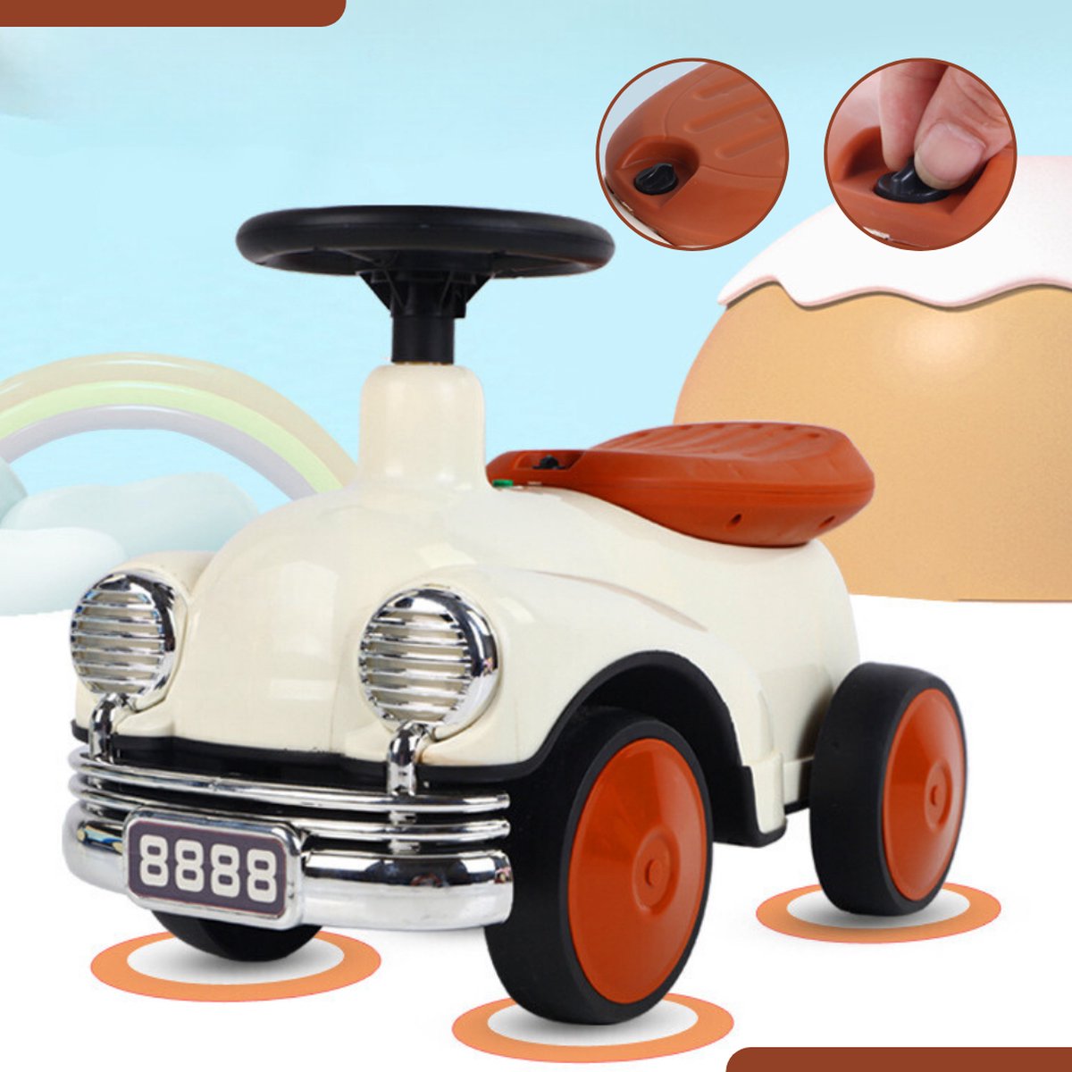 Buxibo Retro Loopauto | Loopwagen voor Jongens & Meisjes | 1-3 jaar | Veilig | Stimuleert Motorische Vaardigheden | Bruin/Wit - 58x29x38cm — afbeelding 6