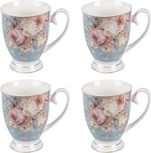 HAES DECO - Mugs lot de 4 - taille 11x8x10 cm / 300 ml - coloris Blauw / Wit / Rose - Imprimé de Fleurs - Collection : Pivoine Chique - Ensemble mug, Tasse à café, Tasse à café