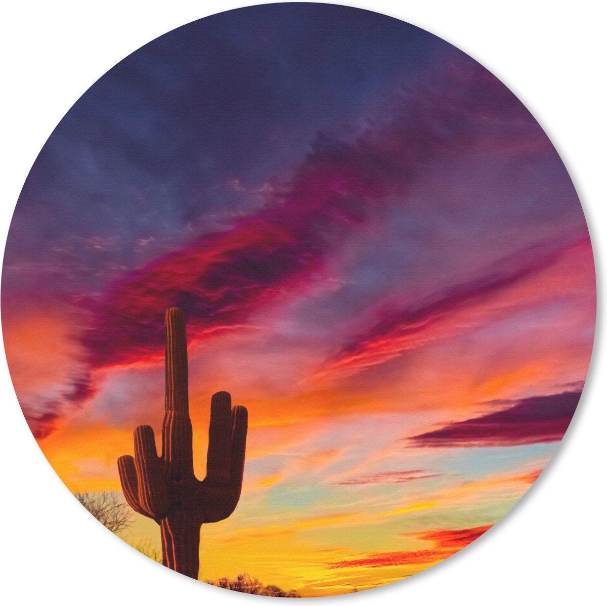 Muismat rond 20x20 cm - Mousepad Cactus - Lucht - Zonsondergang - Paars - Roze - Ronde muismatten