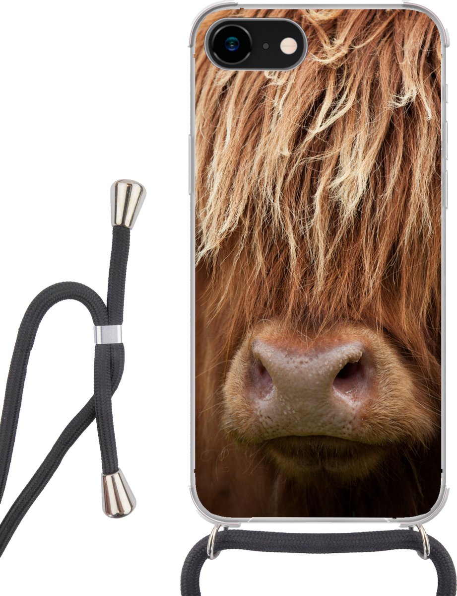 Telefoonhoesje Geschikt voor iPhone 7 - Schotse Hooglander - Neus - Haar - Siliconen - Crossbody - Backcover met Koord - Telefoonhoesje met koord - Hoesje met touw Telefoonhoesje