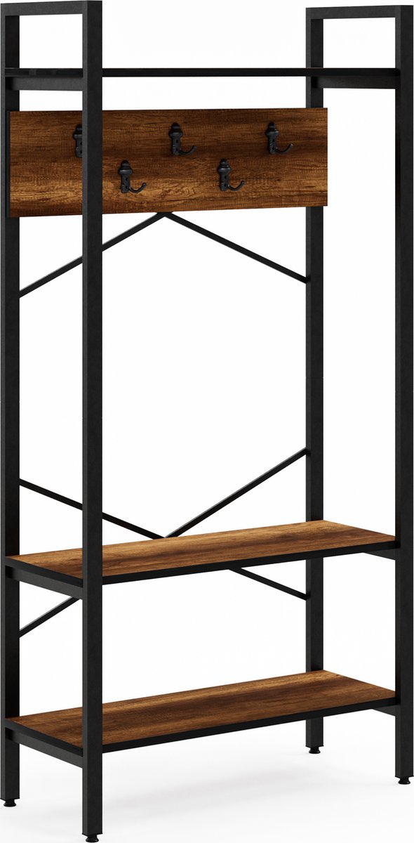 FurniChic- Kapstok- Staande Kapstok - Garderoberek - Schoenenrek -Industrieel - Hout en Metaal- Bruin- 35x90x180cm