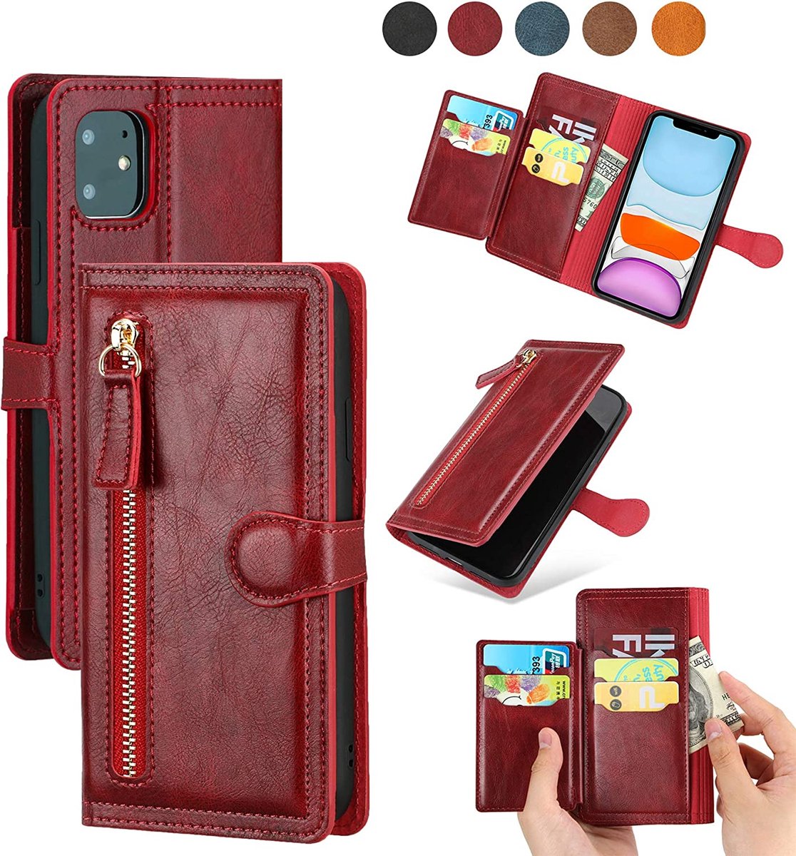 Bookcase Geschikt voor: iPhone 14 Book case met ritssluiting - Hoesje Flipcover - Magnetisch - 5 kaarten houder - Rood