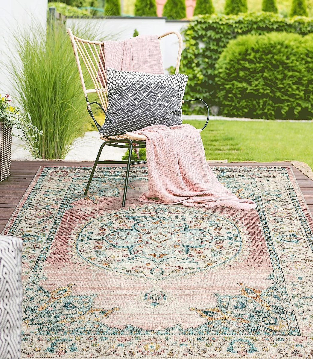 Buitenkleed 200x290 cm - Multicolor Roze Vintage Tuintapijt - Buitentapijt voor balkon, terras en tuin - robuust outdoor Vloerkleed - Palma by The Carpet - the carpet