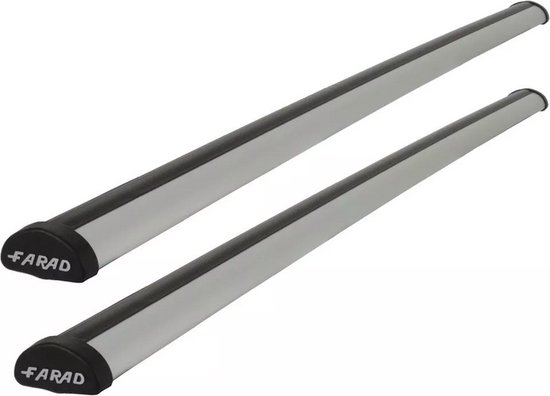 Deux barres de toit en aluminium avec embouts noirs et le logo 'FARAD'.