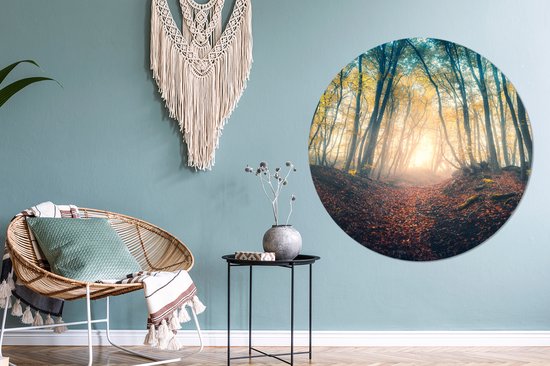 WallCircle - Stickers muraux - Cercle Papier Peint - Forêt - Brouillard - Soleil - Automne - 120x120 cm - Cercle Mural - Auto Adhésif - Sticker Papier Peint Rond XXL