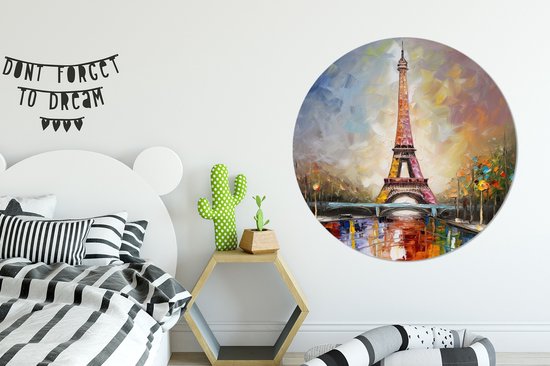 WallCircle - Muurstickers - Behangcirkel - Eiffeltoren - Schilderij - Olieverf - Parijs - ⌀ 140 cm - Muurcirkel - Zelfklevend - Ronde Behangsticker