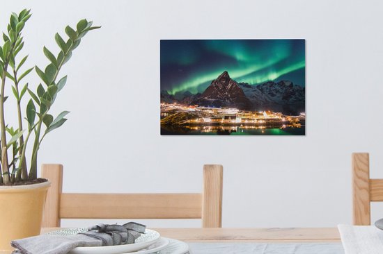 Aurores boréales au-dessus d'un village en Norvège toile 2cm 30x20 cm - petit - Tirage photo sur toile (Décoration murale salon / chambre) / phénomènes naturels Peintures sur toile