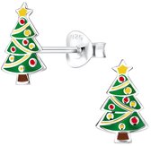 Joy|S - Zilveren kerst oorbellen - kerstboom met kerstballen en gele ster als piek