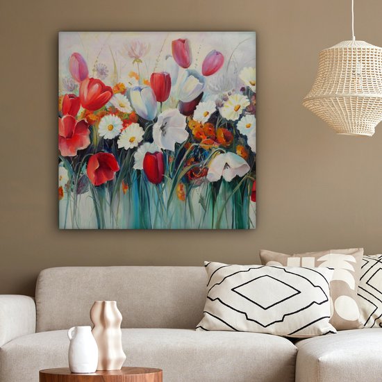 Toile - Peinture - Huile - Fleurs - Nature - 90x90 cm - Décoration - Intérieur