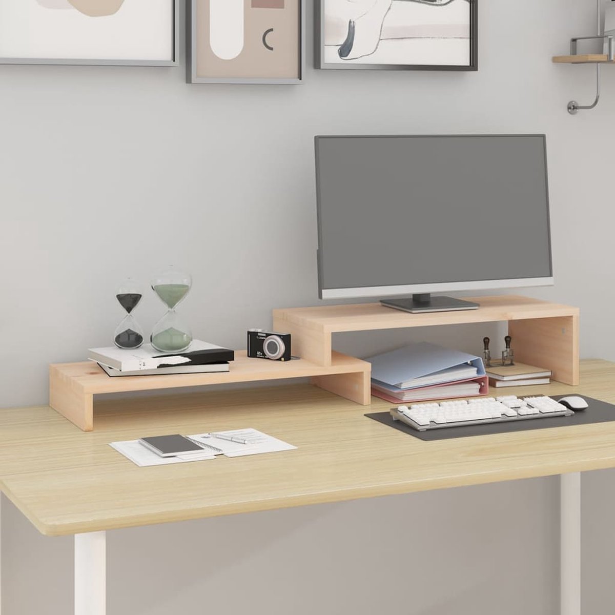 The Living Store Monitorstandaard Grenenhout - Verstelbaar - Opbergruimte - Spanning verlagend - 52-101 x 22 x 14cm