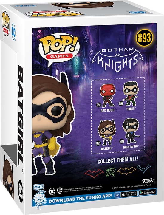 Batgirl Funko Pop figuur in paars, geel en zwart met masker en vleermuisoren.