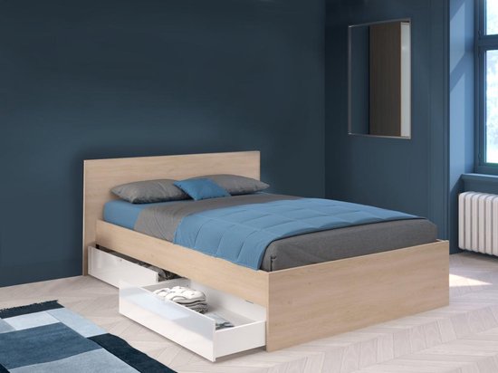 Bed met 2 laden 140 x 190 cm - Kleur: naturel en glanzend wit + lattenbodem - VELONA L 164.4 cm x H 82.6 cm x D 193.6 cm