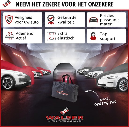 Groep auto's bedekt met rode Walser autoverdekkingen. Met opbergtas. Kenmerken: veiligheid, kwaliteit, precieze pasvorm, ademend, extra elastisch.