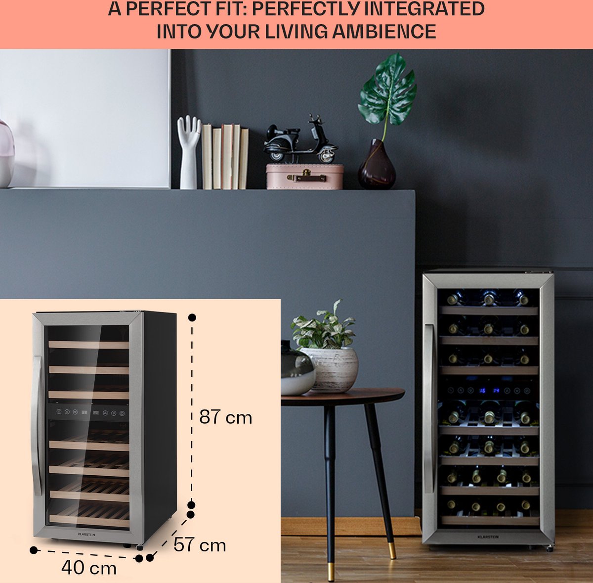 Klarstein Wijnkoelkast Vrijstaand – 2 Zones Wijnklimaatkast Smal met Glazen Deur – Drankenkoelkast met LED-Verlichting – Binnen/Buiten Gebruik – Temperatuur 5-18°C – Capaciteit 33 Flessen - 89L 57 cm - Touch - voor Champagne - Wijnkast – foto 7