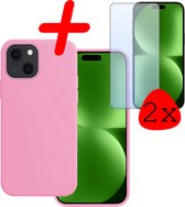 Hoes Geschikt voor iPhone 15 Plus Hoesje Siliconen Back Cover Case Met 2x Screenprotector - Hoesje Geschikt voor iPhone 15 Plus Hoes Cover Hoesje - Lichtroze