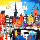 JJ-Art (Aluminium) 80x80 | Amsterdam in Herman Brood stijl, abstract, kunst, kleurrijk, felle kleuren | stad, brug, gracht, Nederland, blauw, rood, zwart, geel, wit, vierkant, modern | foto-schilderij op dibond, metaal wanddecoratie